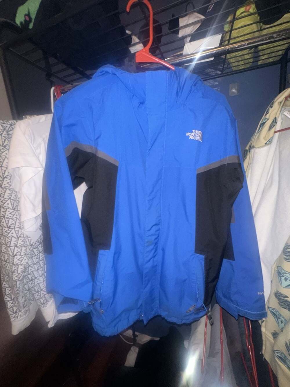 The North Face Boys HyVent Hooded Rain Jacket Blue Black Size L (14/16)